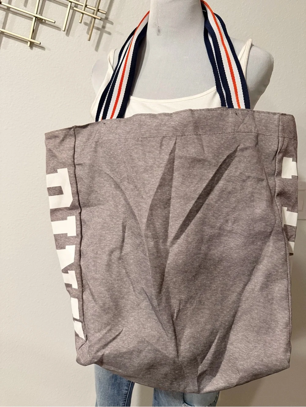 PINK by Victoria’s Secret Striped-Handle Gray Tote Bag by- Casual Everyday Carry